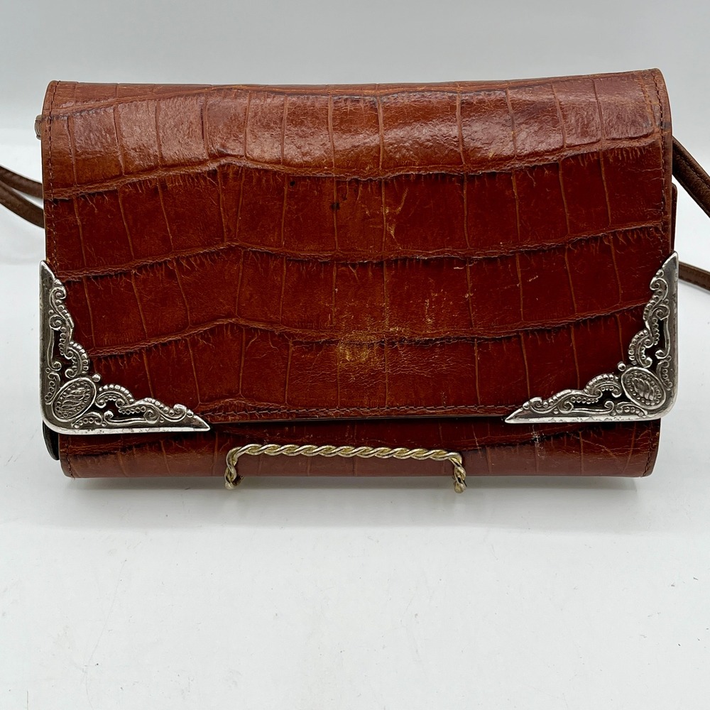 Brighton Vintage Brown Croco Leatherโ Crossbody Wallet Bag Silver Corner READ